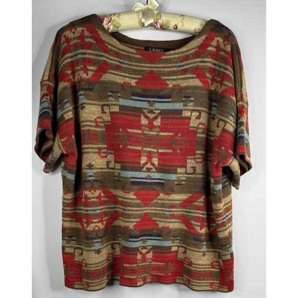 LAUREN Ralph Lauren Womens 1X Short Sleeve Sweater Aztec Southwestern Rustic - Picture 1 of 11